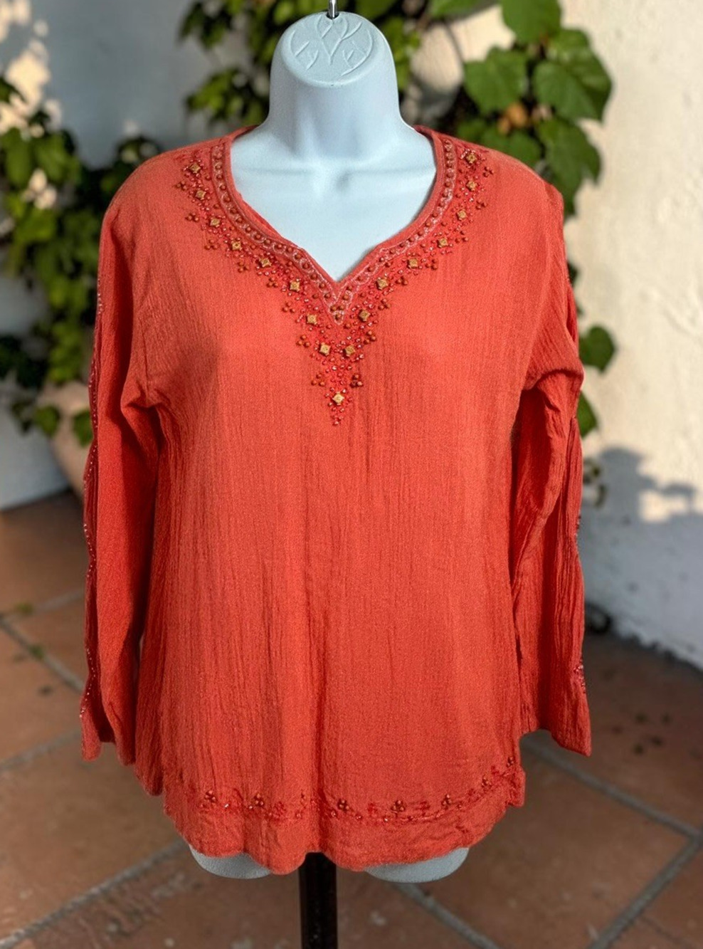 Boho Beaded Blouse Sz Small Orange V-Neck Open Sleeve Detail Top Bohemian